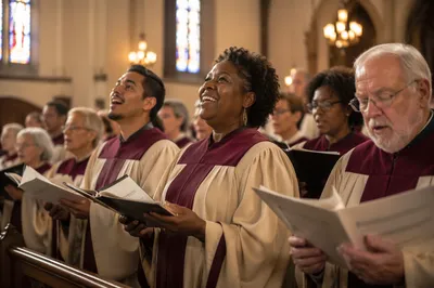 Church Choir Singing in Warm Sanctuary
