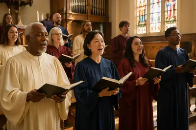 Church Choir Singing in Bright Sanctuary
