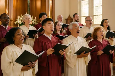 Church Choir Singing in Bright Sanctuary