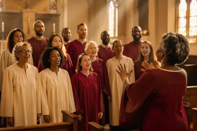 Church Choir Singing in Sunlit Sanctuary