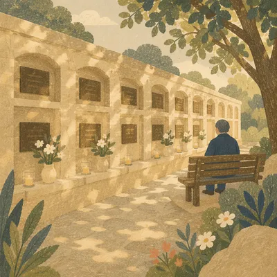 Peaceful Church Columbarium Wall at Dawn