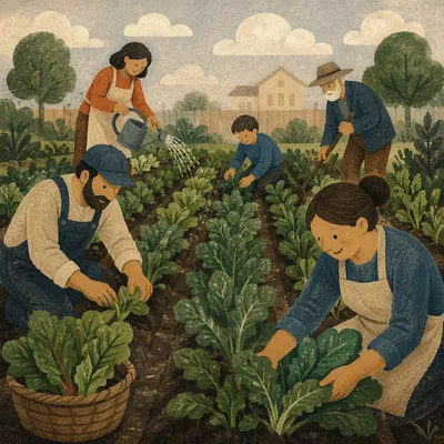 Church Community Garden with Lush Vegetable Rows