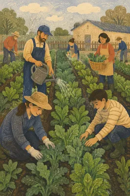 Church Community Garden Rows of Young Vegetables