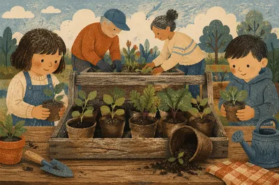 Church Community Garden Seedlings on Rustic Workbench