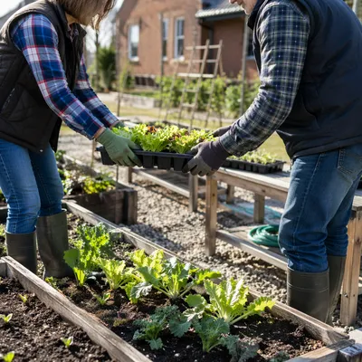 Church Volunteers Planting Lettuce Seedlings Together