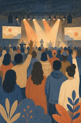 Reverent Church Worship Night Crowd Scene