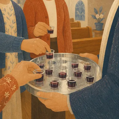 Deacon Serving Communion Trays in Worship