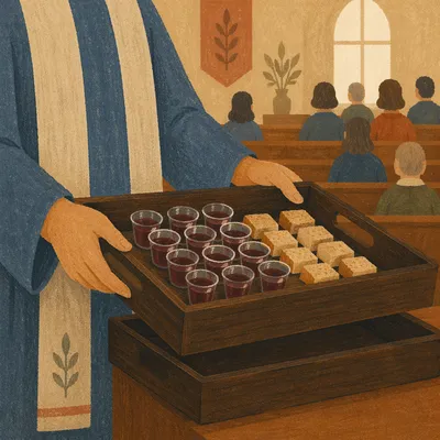 Deacon Serving Communion Tray in Church