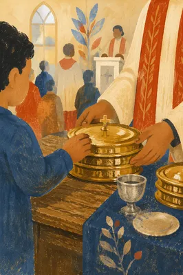 Deacon Serving Communion in Quiet Church