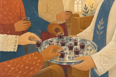 Deacon Serving Communion Trays in Church