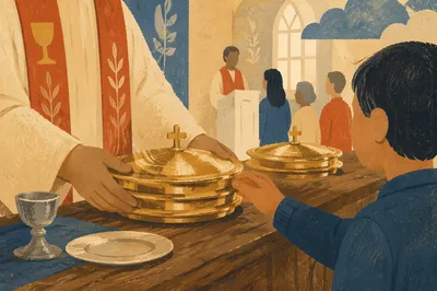 Deacon Serving Communion in Warm Church Light