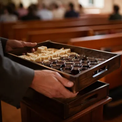 Deacon Serving Communion Tray in Church