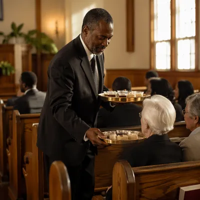 Deacon Serving Communion in Sunlit Sanctuary