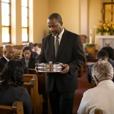 Deacon Serving Communion in Sunlit Sanctuary