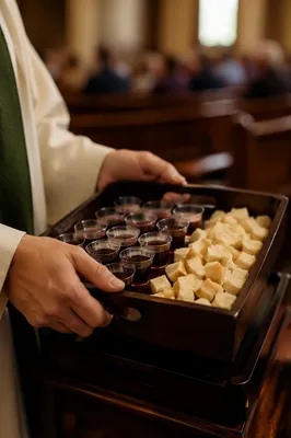 Deacon Serving Communion Tray in Church