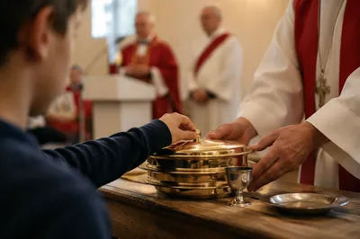 Deacon Serving Communion in Warm Church Light
