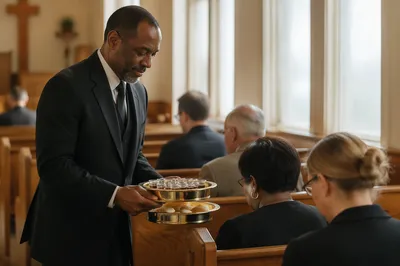 Deacon Serving Communion in Sunlit Church