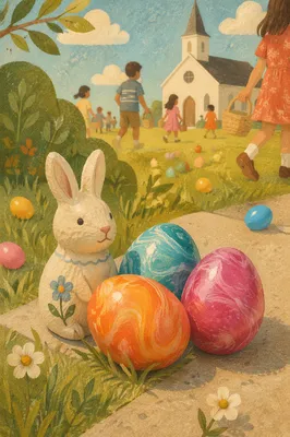 Church Easter Egg Hunt Spring Rabbit Scene