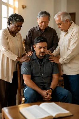 Church Elders Praying with Seated Man