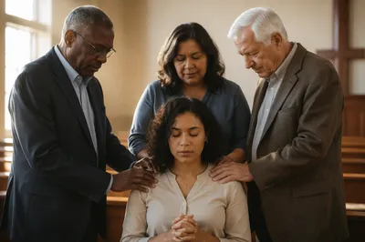 Elders Praying with Woman in Sanctuary