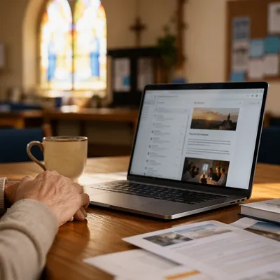 Church Newsletter Inbox on Laptop Desk