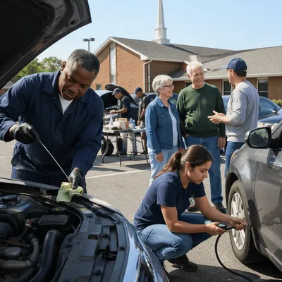 Volunteer Mechanics Assisting Families at Church