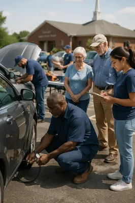 Volunteer Mechanics Inspect Cars at Church
