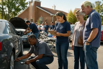 Volunteer Mechanics Helping at Church Parking Lot