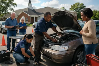 Volunteer Mechanics Inspect Car at Church