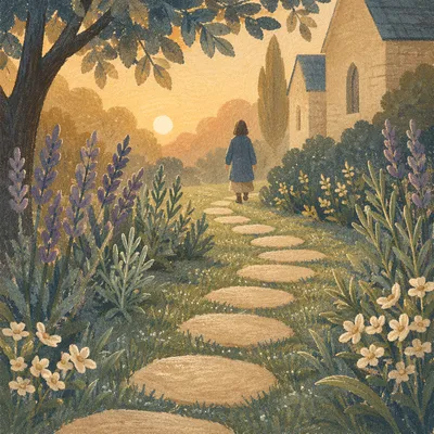Peaceful Church Garden Prayer Path at Sunrise