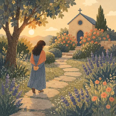 Peaceful Church Garden Prayer Path at Sunrise