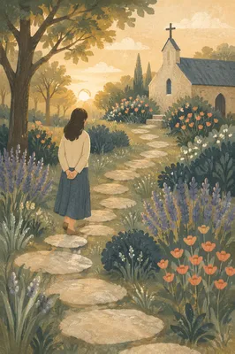 Peaceful Church Garden Prayer Path at Sunrise