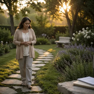 Woman Walking Garden Path at Sunrise