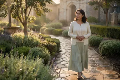 Woman Walking Along Chapel Garden Path