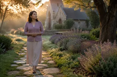 Woman Walking Through Church Garden Path