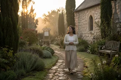 Woman Walking Garden Stone Path at Sunrise