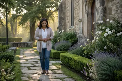 Woman Walking Stone Path in Church Garden