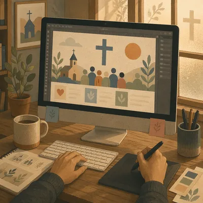 Church Graphic Design Workspace on Screen
