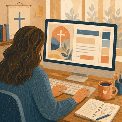 Church Volunteer Designing Event Graphic at Computer