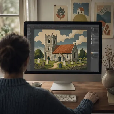 Designer Creating Church Graphic on Screen