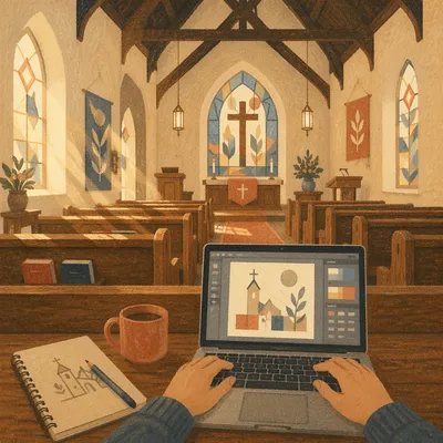 Church Graphic Design Creation on Laptop