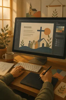 Church Graphic Design Workspace on Monitor