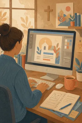 Church Volunteer Designing Event Graphic on Computer