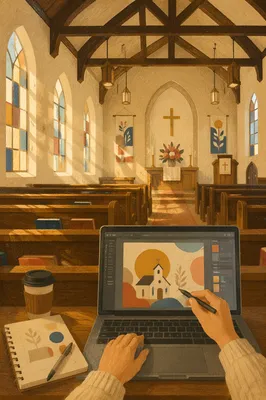 Church Graphic Design on Laptop in Nave
