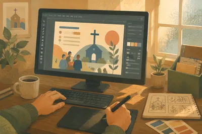 Church Graphic Design Workspace on Monitor