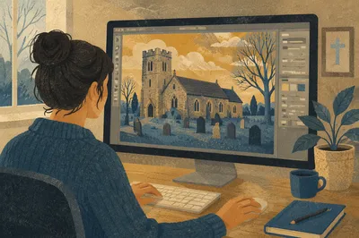Church Visual Design on Office Monitor
