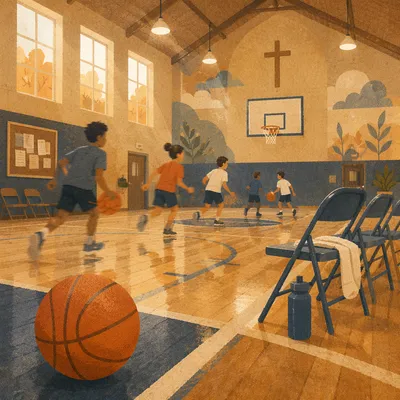 Church Youth Basketball Practice in Gymnasium