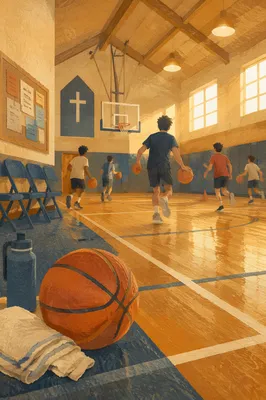 Church Youth Basketball Practice in Gymnasium