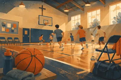 Church Youth Basketball Practice in Gymnasium