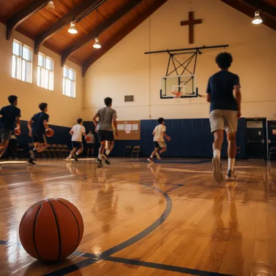 Church Youth Basketball Practice in Gymnasium